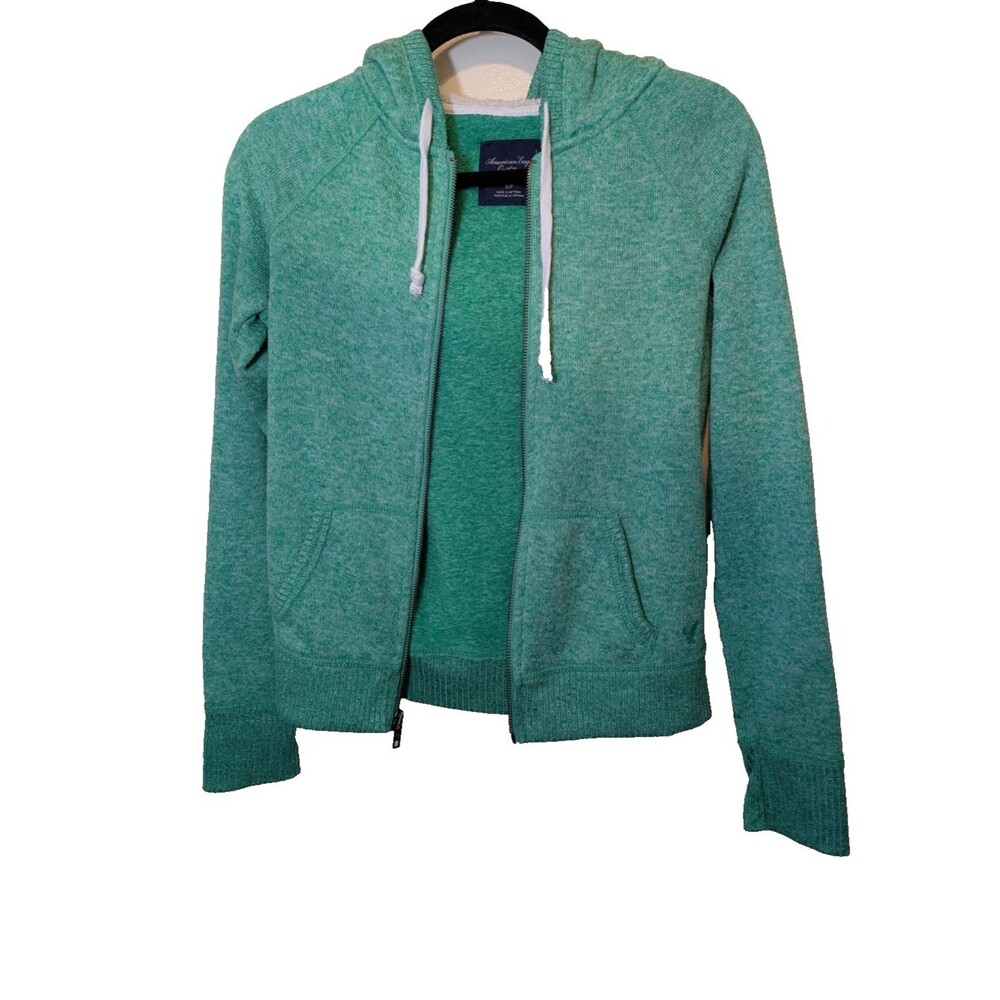 American Eagle Women's Full Zip Hoodie Sweater Green Logo Y2K Small